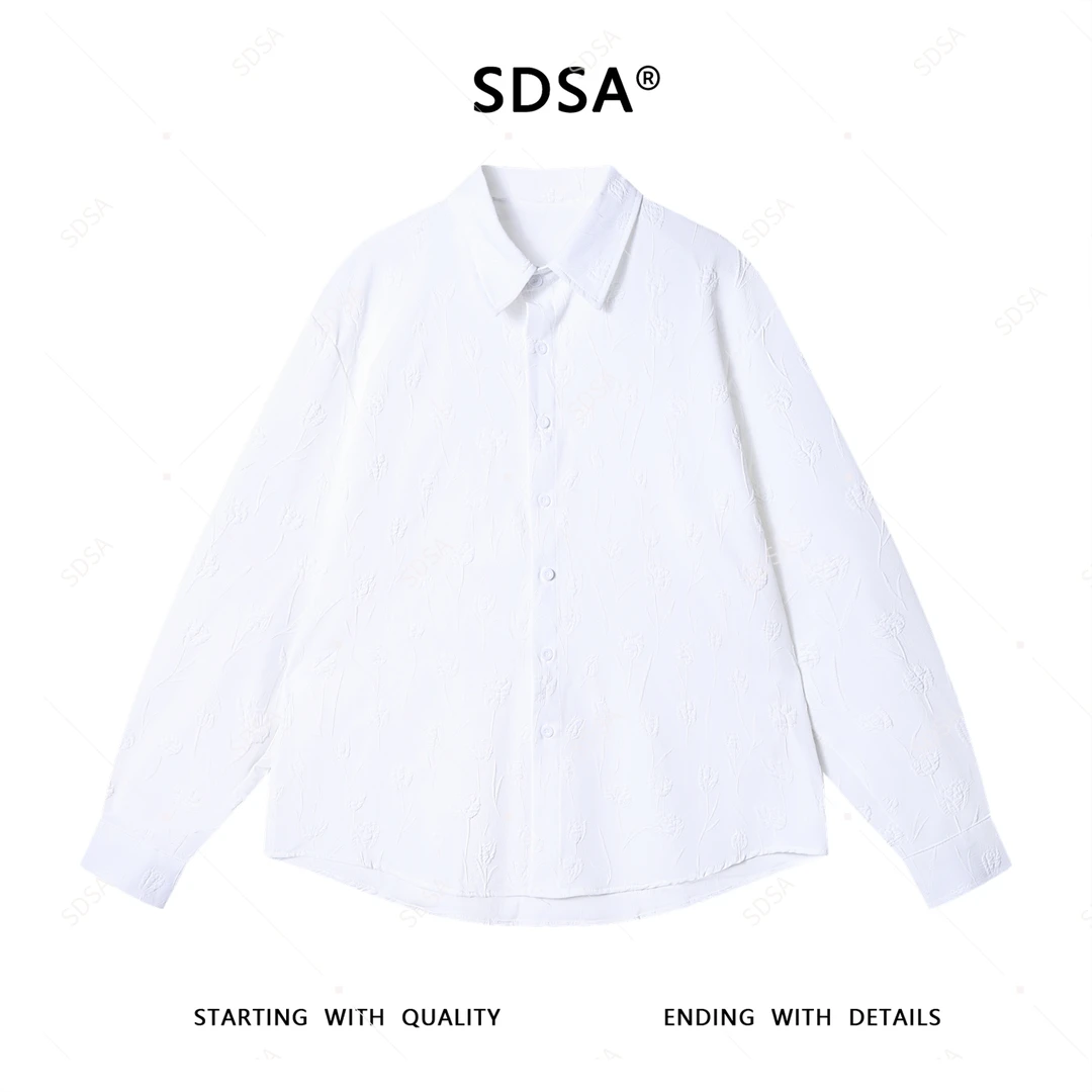 SDSA秋季高级感新款男士纯色简约花朵图案翻领纽扣长袖衬衫百搭