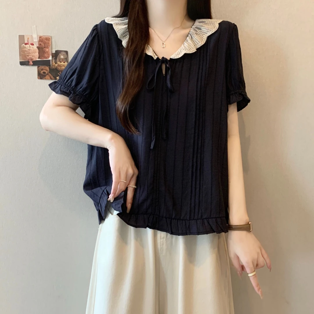 大码法式娃娃领褶皱系带短袖衬衫女夏季胖MM宽松显瘦百搭洋气上衣
