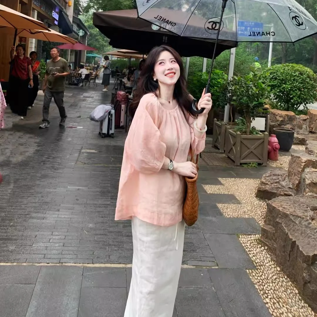 夏季爆款两件套慵懒风宽松好看粉色上衣半身裙气质大码套装女休闲