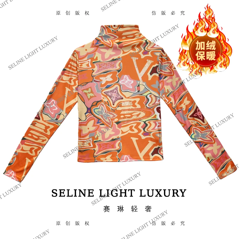 【25Q-831】太 2025 SELINE 新款多巴胺字母印花高领加绒长袖T恤