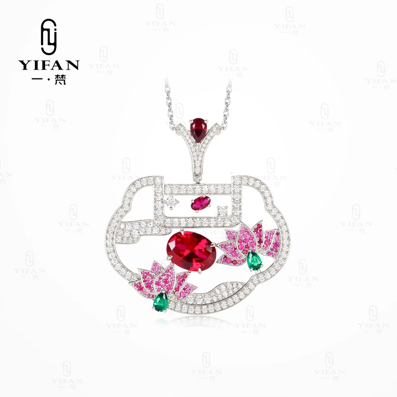 坠链均925银合成锆石 2100-【并蒂红莲】红如意满钻灵动项链（小