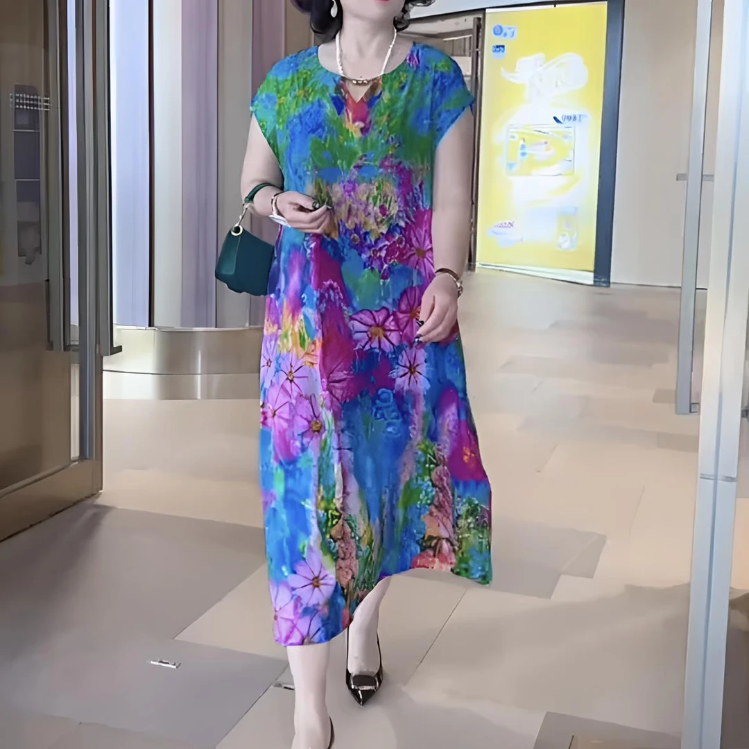 夏季百搭新款印花妈妈裙宽松气质时髦大码高级感轻薄中长款连衣裙