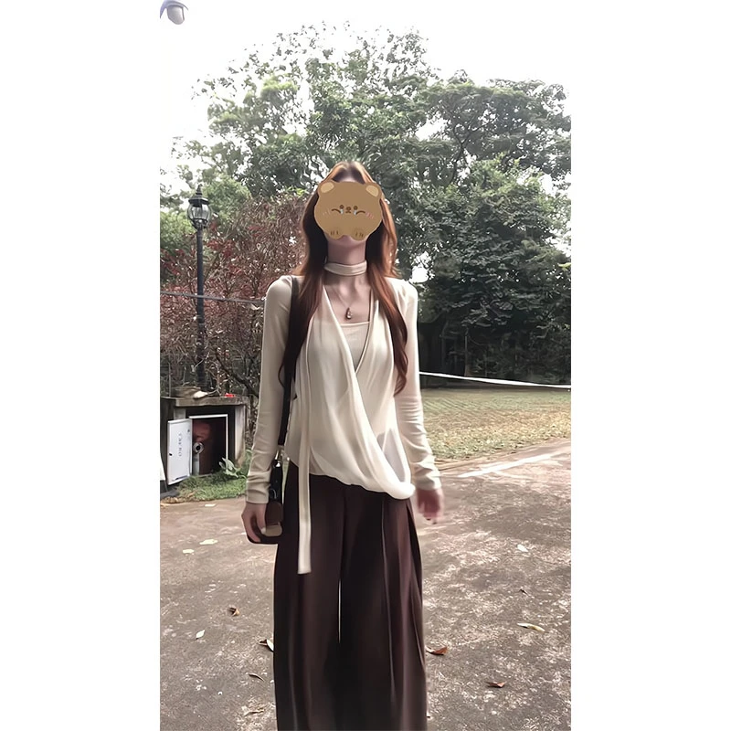 法式假两件长袖上衣女设计感垂褶交叠网纱针织衫挂脖T恤宽松裤子