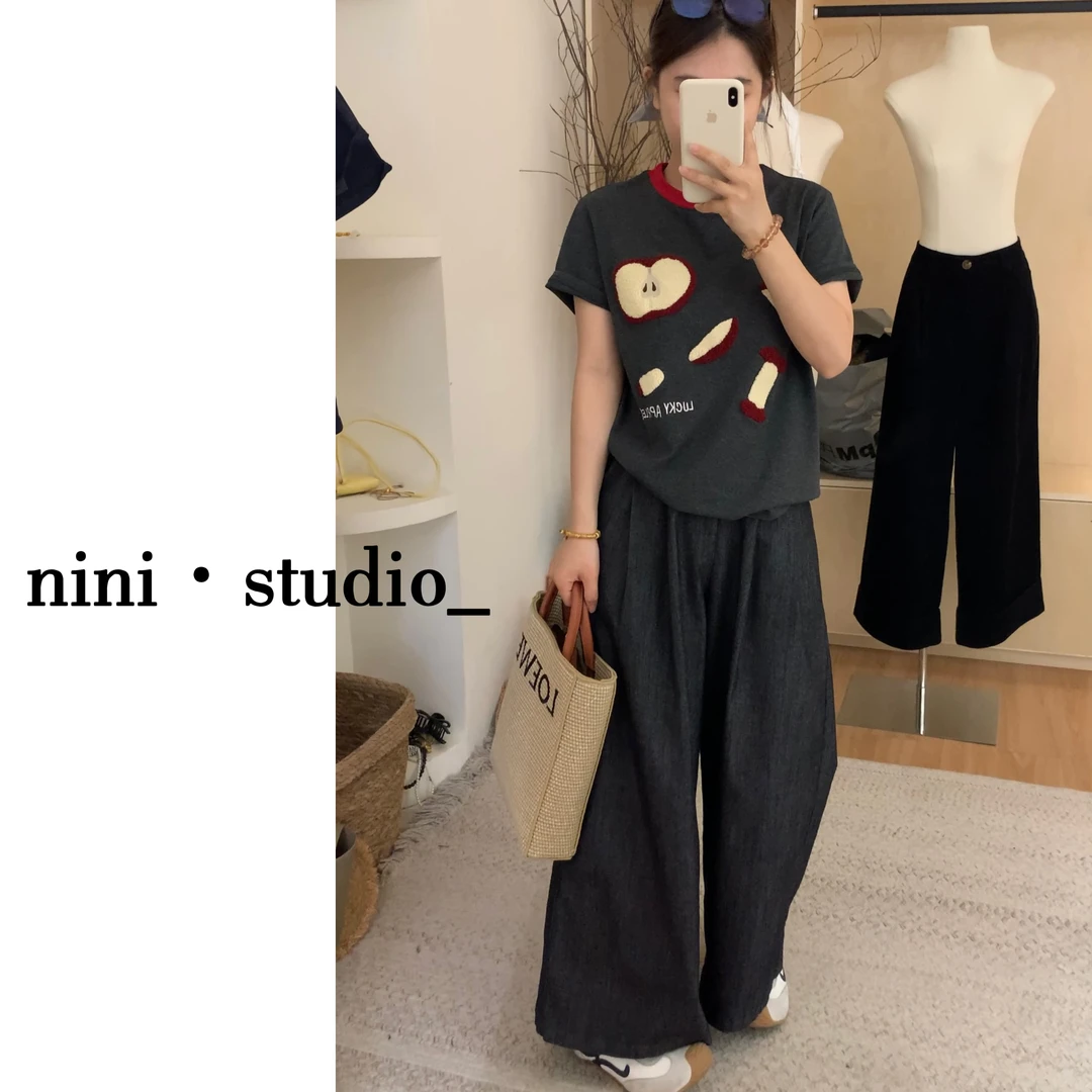 nini·重工刺绣苹果设计理念韩系ins风短袖T恤