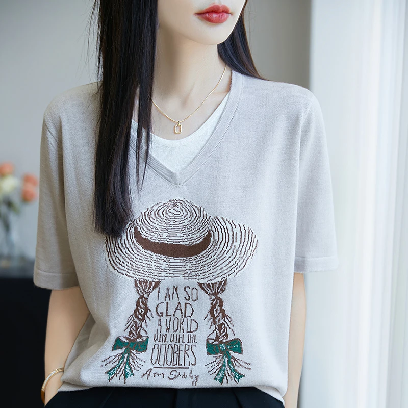 V领薄款短袖草帽女夏季设计感针织衫打底休闲印花小众精纺羊毛衫