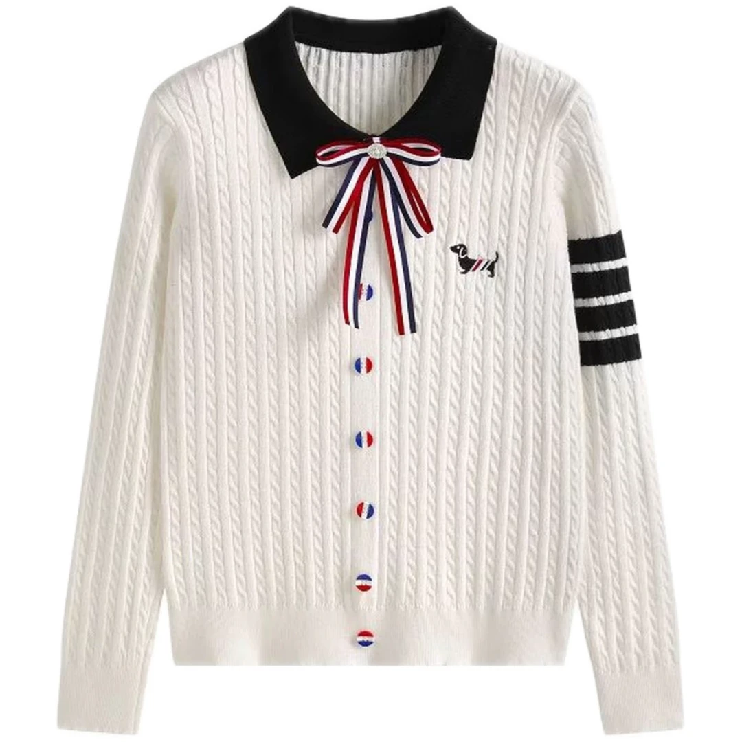 蝴蝶结胸针翻领四道杠小狗刺绣麻花针织套头衫1085#