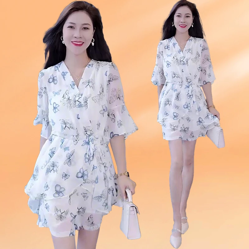 时尚套装连衣裙女夏季2025年新款时髦洋气裙子短裤碎花薄款两件套