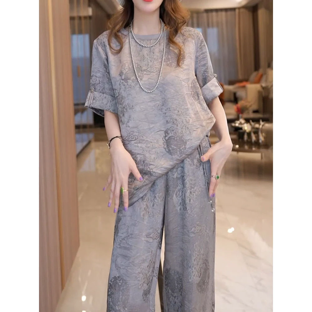 时尚裤套装女2025夏季新款轻奢贵气减龄印花短袖上衣+宽松阔腿裤