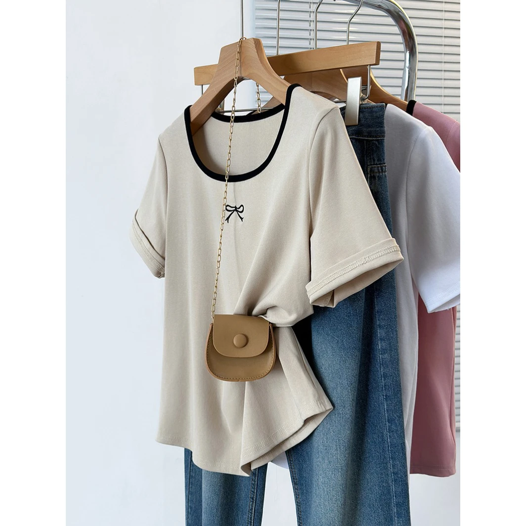 微胖mm刺绣T恤正肩显瘦收腰遮肉2025春装新款大码女甜美时尚上衣