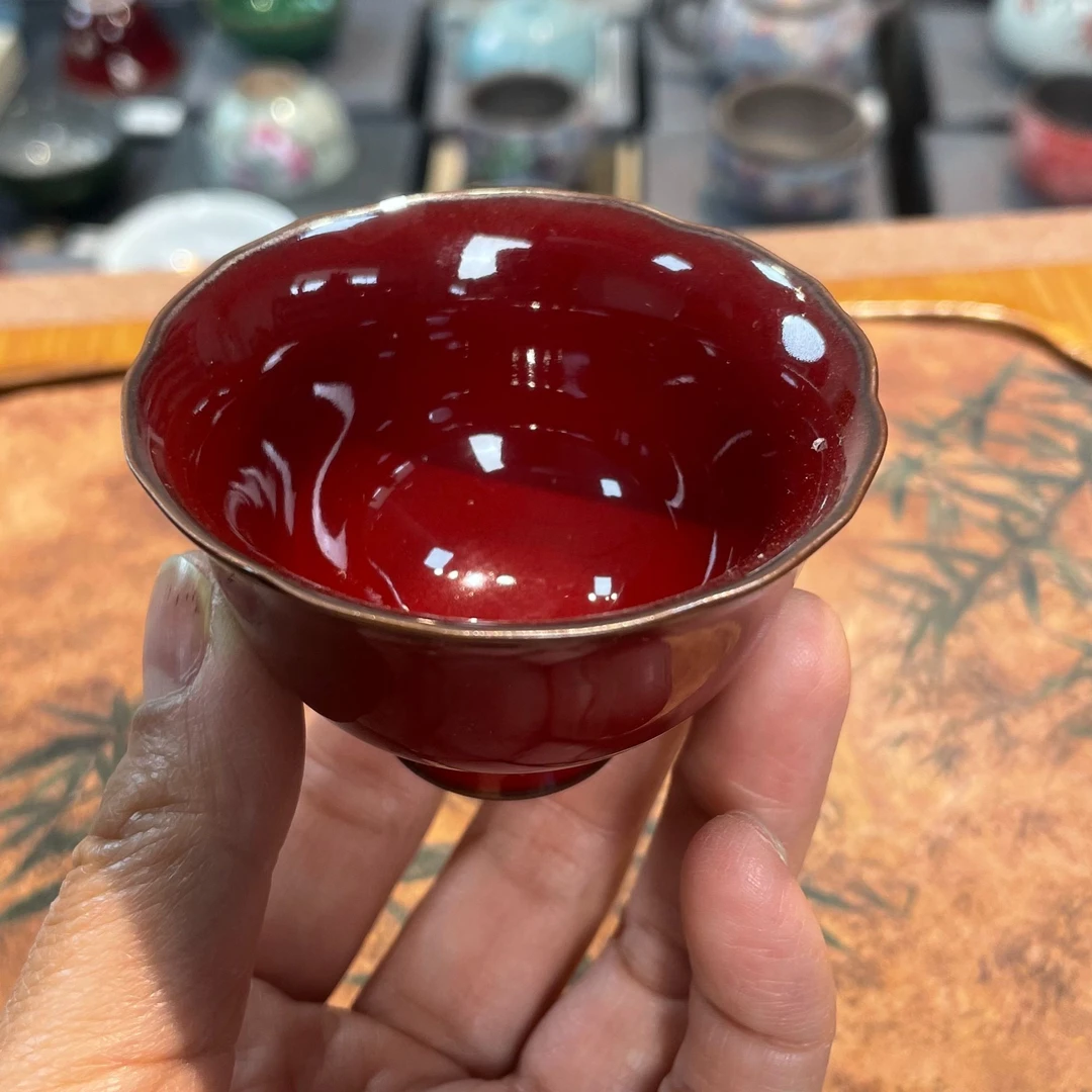 中式故宫红铁胎小花口高足杯不开片精美优雅茶杯 s890