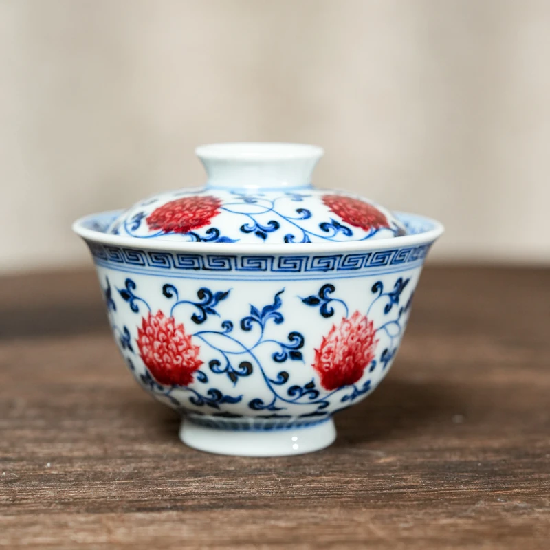 【墨舍名窑】屹朴青花釉里红缠枝莲花盖碗（yipu528）景德镇家用陶瓷