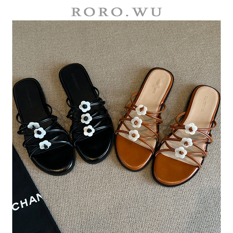 娆娆吴·细带懒人外出花朵羊皮垫气质低跟舒适拖鞋女鞋T153