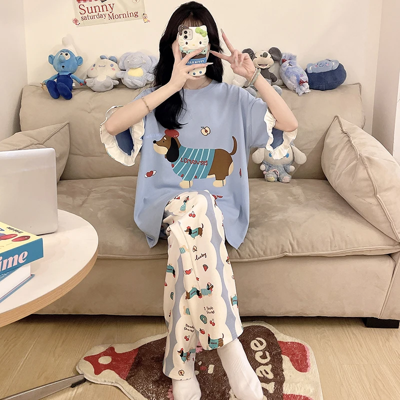 女童睡衣夏季薄款纯棉2025新款儿童夏天女孩初中生短袖长裤全棉12