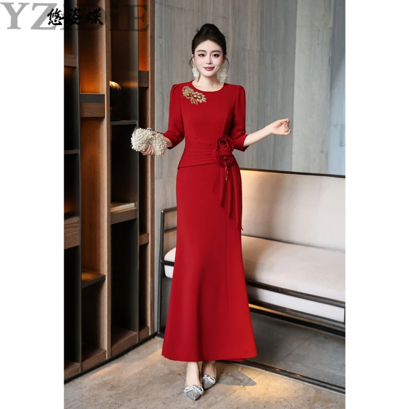 红色秋冬鱼尾礼服裙女高贵气质收腰显瘦婚宴装高级感结婚长连衣裙