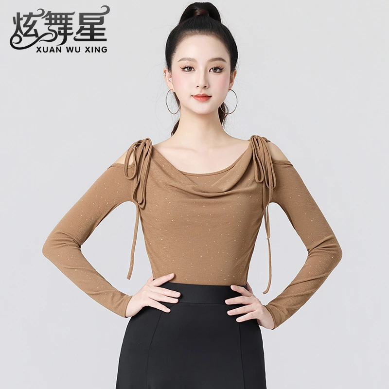 舞衣上衣新款气质修身系带拉丁舞服秋修身型长袖摩登交谊舞蹈服装
