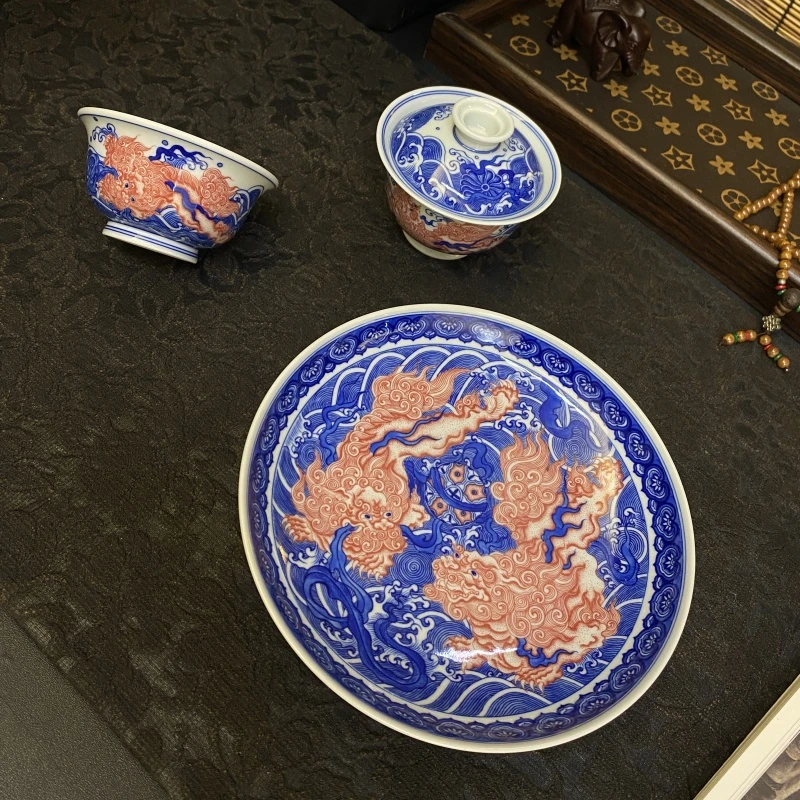 【四悦茶陶】仿清瑞兽双狮戏球系列  景德镇茶具手工手绘