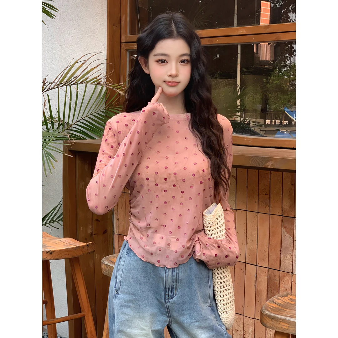 【粉纱绮梦】设计感薄款波点网纱打底衫女长袖防晒修身显瘦上衣T恤