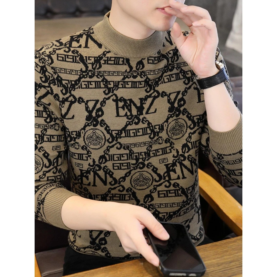 半高领毛衣男士秋冬加厚款打底针织衫欧洲站字母满印花痞帅线衣服