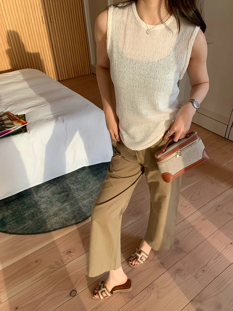 BIG WHITE REMADE“镂空遐想”亚麻+莱赛尔无袖微透背心打底D5L537