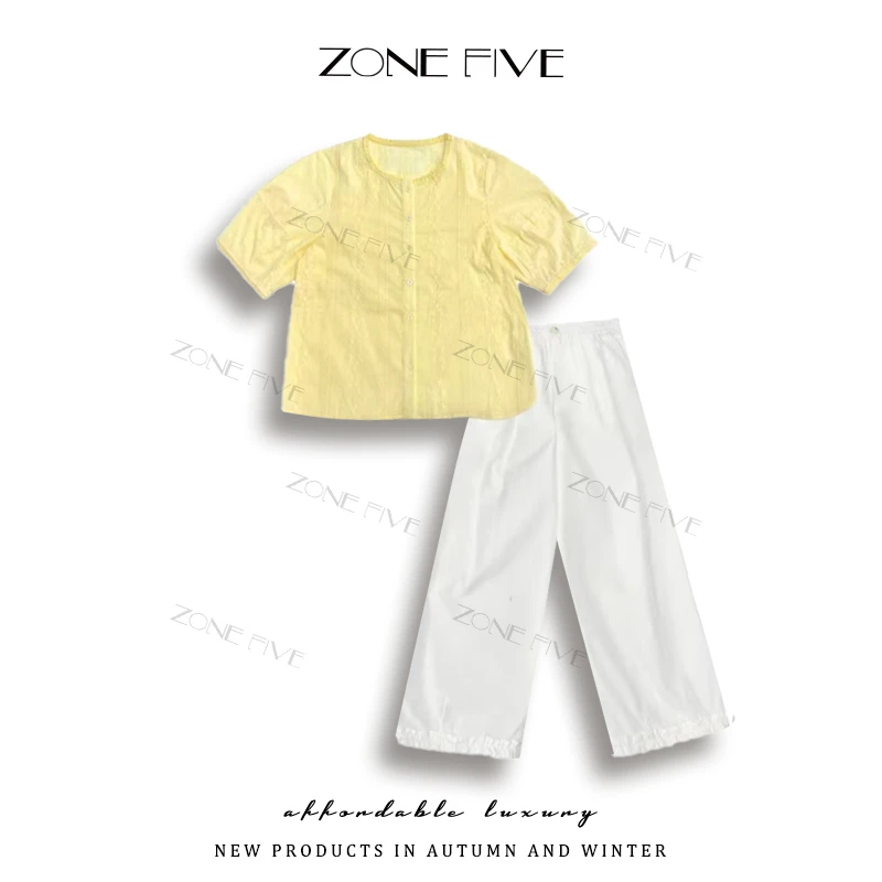 【zonefive】夏季新款衬衫百搭松紧休闲九分裤套装2591