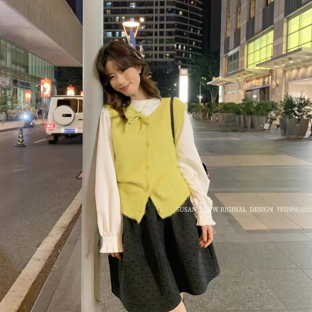 苏珊秋冬新款纯色针织马甲女宽松简约打底T恤两件套上衣女2293S
