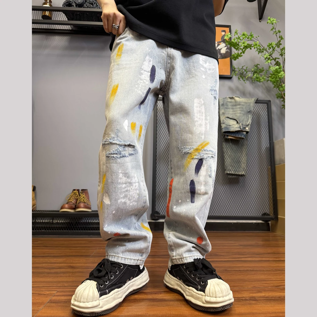 2025春季新款美式复古潮牌宽松直筒泼墨涂鸦牛仔裤男长裤C9955