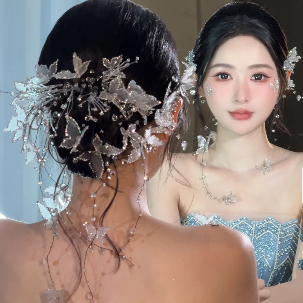 可爱新娘新品轻纱蝴蝶手作小众浪漫后区婚纱造型复古头饰BH6978