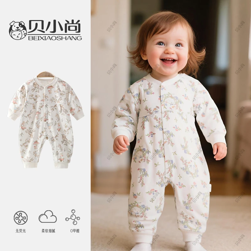 婴儿春秋外出服韩版森系可爱印花女宝外穿无骨工艺哈衣连体衣