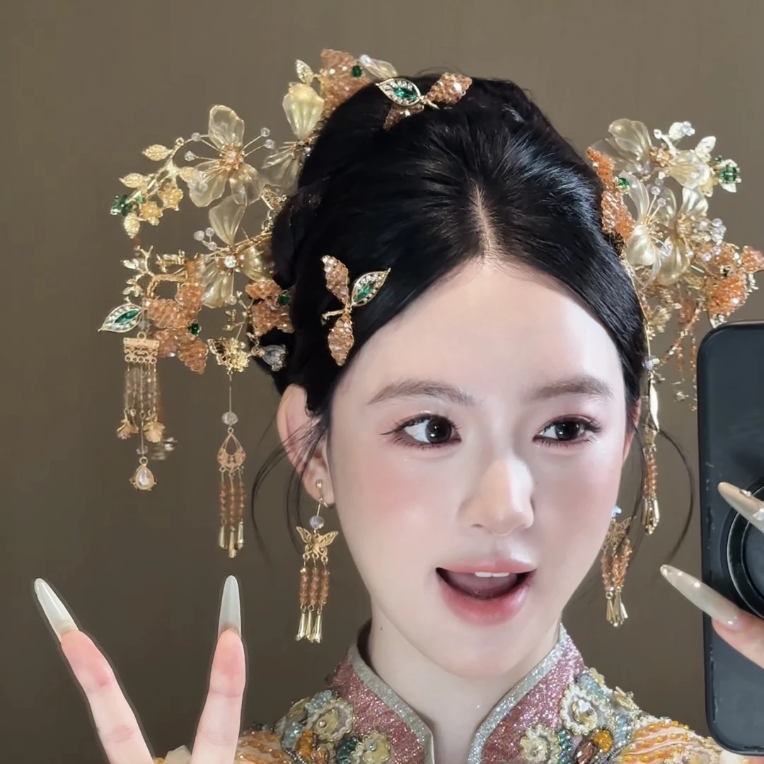 楚楚新娘原创手作款金色造液花新娘秀禾服头饰婚礼简约发饰品