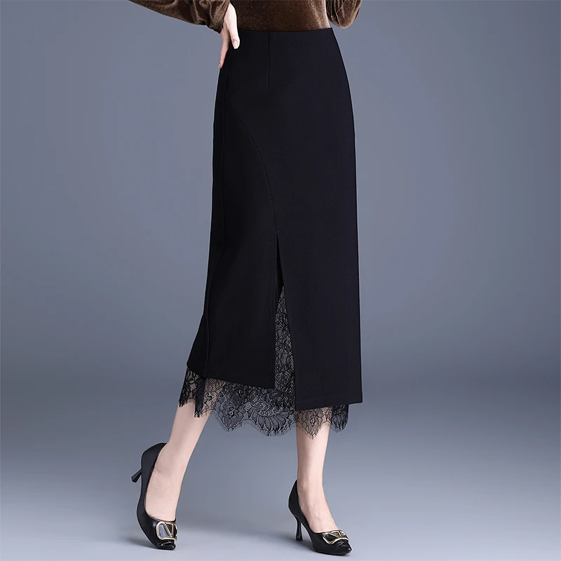 高档富贵感蕾丝拼接包臀半身裙2025秋季新款高腰显瘦开叉直筒裙潮