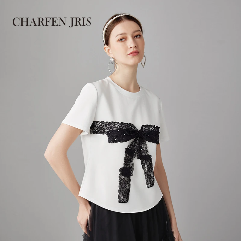 CHARFEN朝峰夏季气质时尚蕾丝拼接圆领白色T恤FJF1B626-6165B