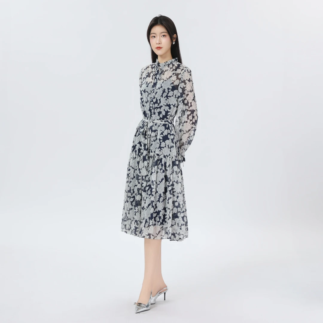 GIRDEAR/哥弟气质优雅显瘦荷叶边印花设计显瘦百搭连衣裙1500425