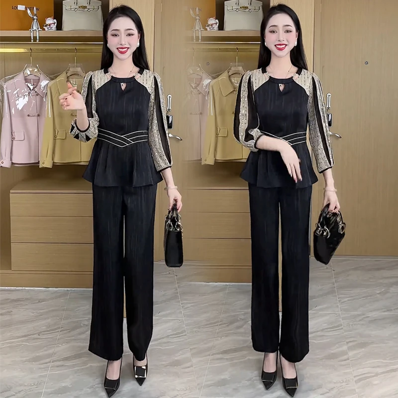 时尚洋气套装女2025春季新款高级感遮肚子显瘦冰丝上衣裤子两件套