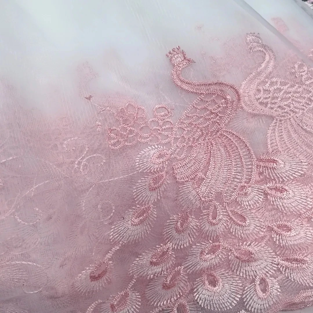 粉色刺绣孔雀网纱连衣裙服装面料中国风田园可做连衣裙宽1.5长3米
