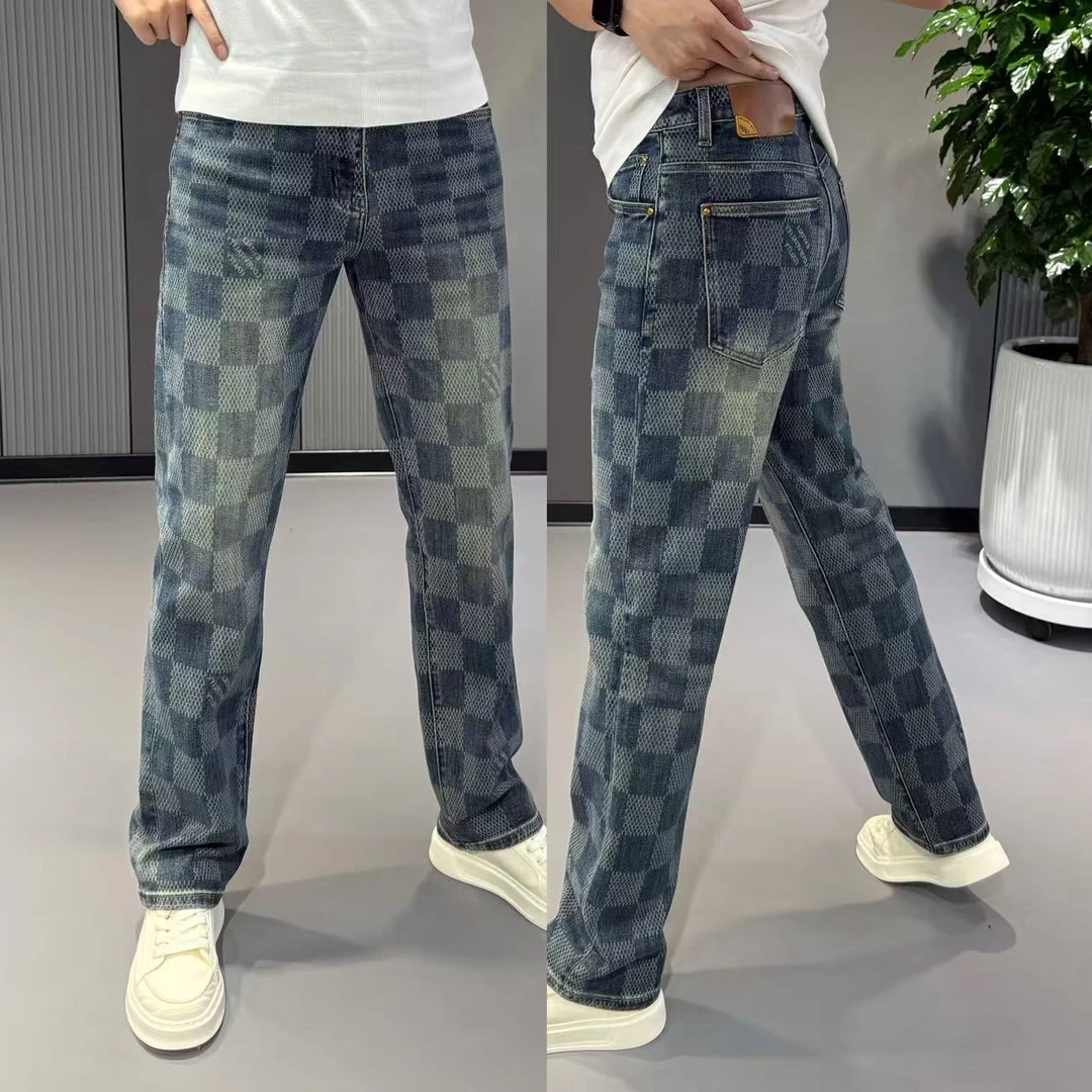 牛仔裤男秋季新款男裤时尚棋盘格印花直筒裤男士休闲长裤宽松百搭