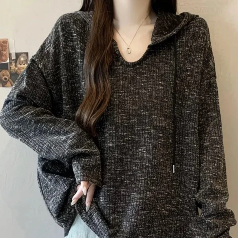 慵懒风遮肉针织宽松版长袖帽衫宽松显瘦毛衣上衣（衣长70左右）