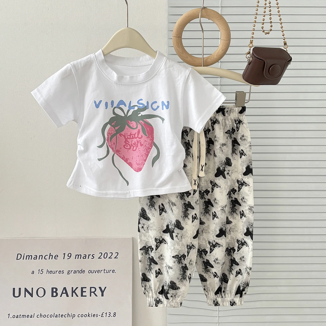 夏季女童卡通印花洋气短袖套装女宝新款防蚊裤宝宝洋气时髦两件套