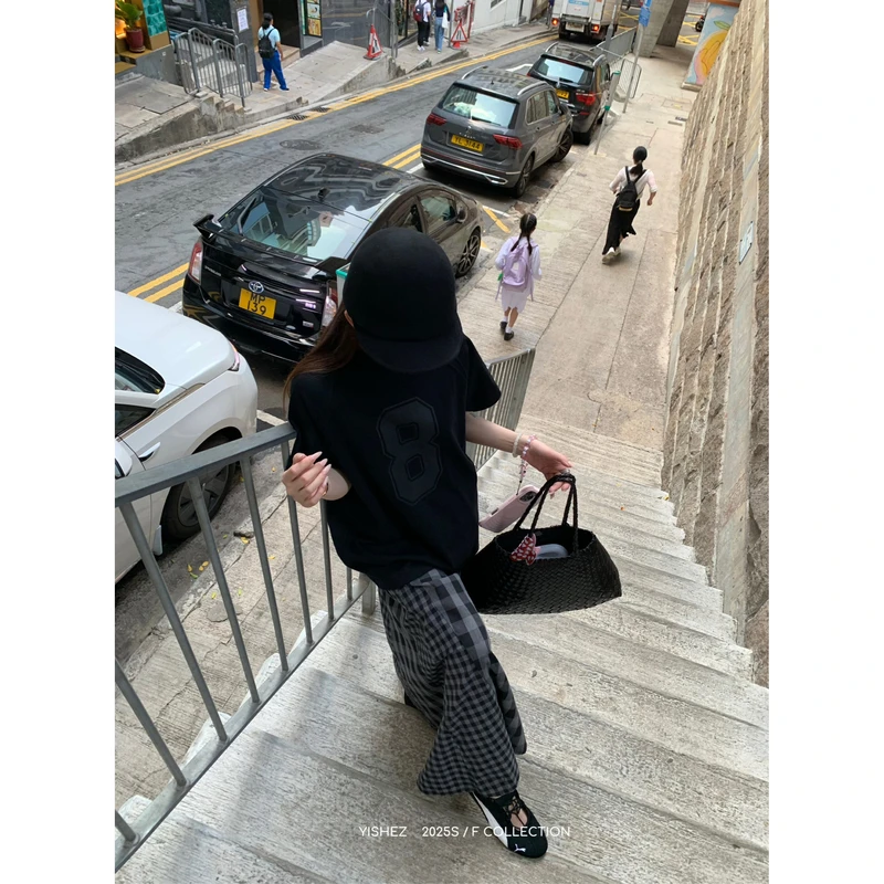 YISHEZ“半岛艺术生”OVZE原创设计花苞腰头拼接格子不规则半身裙