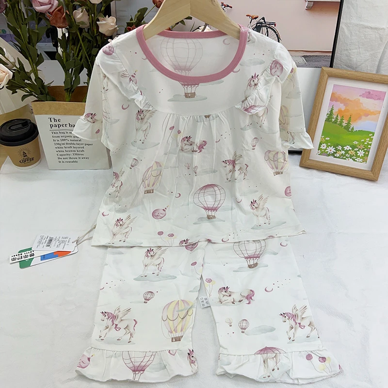 宝宝兰精莫代尔家居服短袖睡袋无感印花儿童森系服装长袖薄款套装