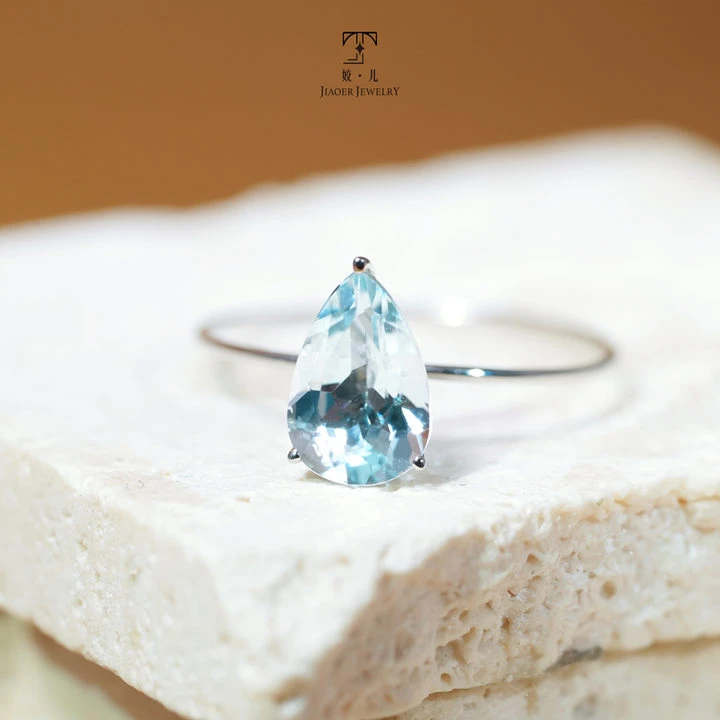 【姣儿珠宝】PT900铂金1.0ct海蓝宝水滴戒指简约（下单备注指圈号）