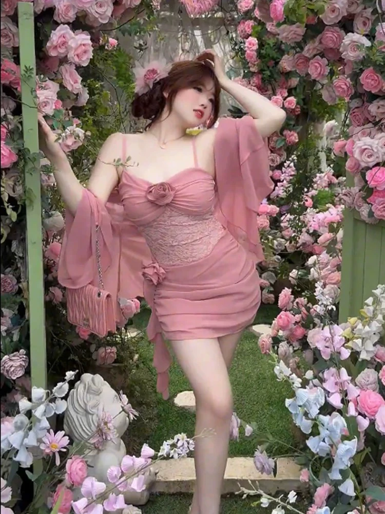 依依家大码女装纯欲性感连衣裙吊带裙加外披真两件套立体花朵工艺
