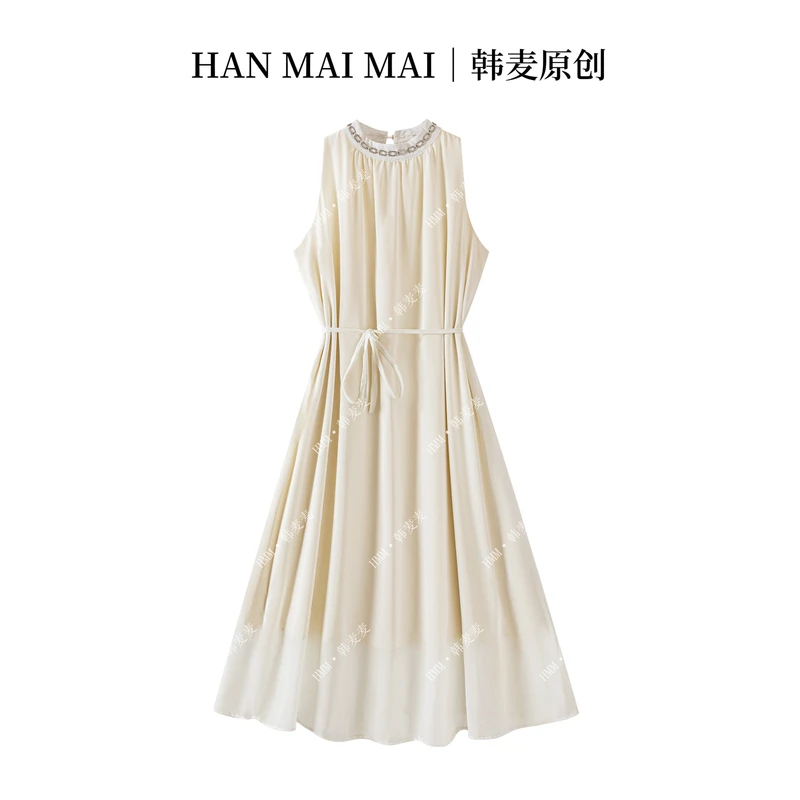 2025夏季新款女装度假风无袖挂脖连衣裙优雅气质露肩宽松/D07