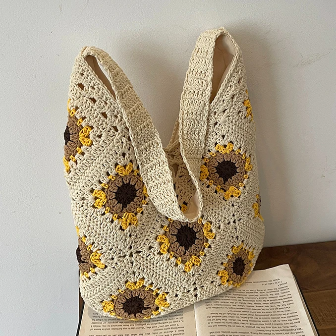 2025春季新款手工棉线钩针织镂空向日葵花编织单肩女包草编腋下包