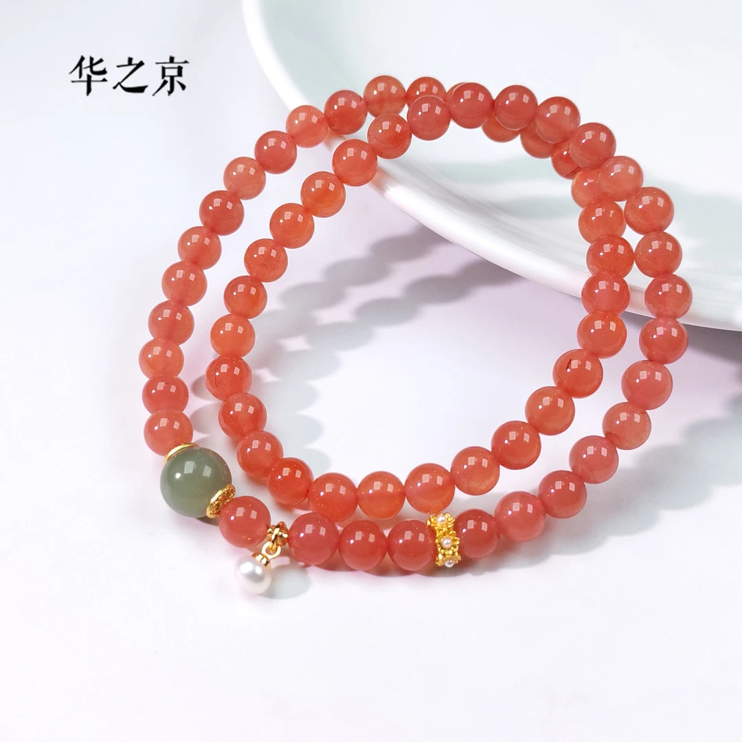 【华之京】天然南红玛瑙双圈6mm手串+和田玉-YS