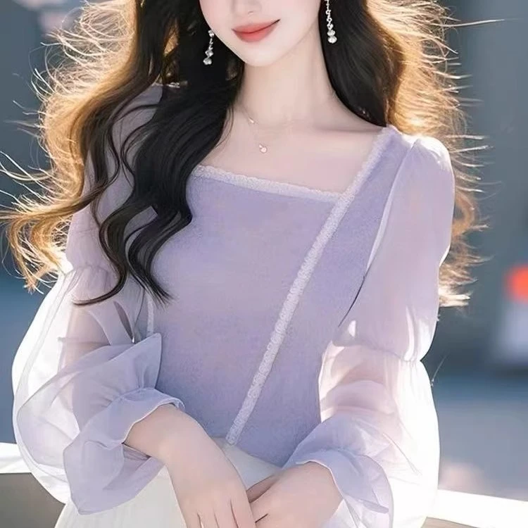 紫色高级感方领设计感长袖衬衫女早春国风好看漂亮独特新中式上衣