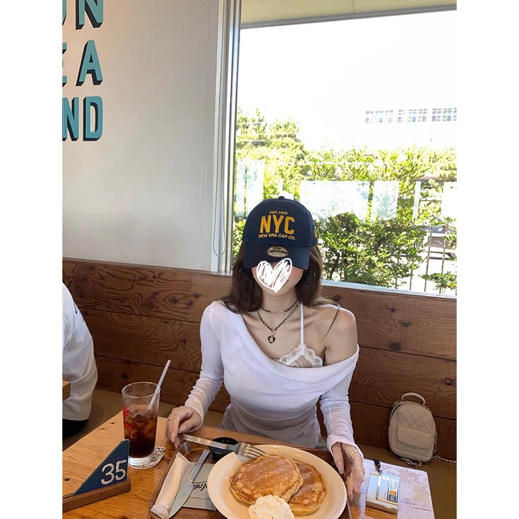 假两件斜肩荡领长袖T恤女秋季蕾丝显瘦纯欲挂脖打底衫上衣