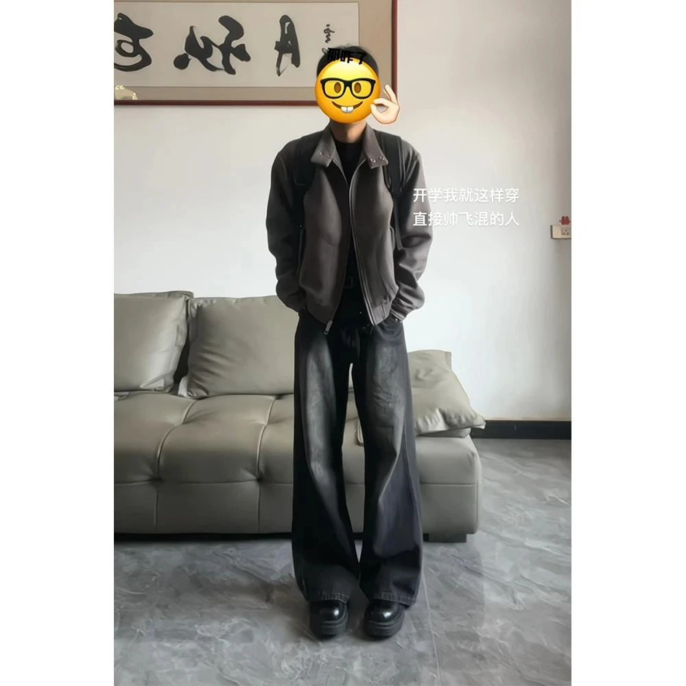 黑灰色弯刀微喇牛仔裤男款cleanfit美式高街裤子加长高个子直筒裤