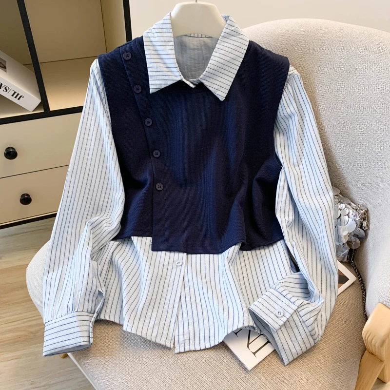时尚条纹POLO领拼接衬衣女秋季2025新款韩系设计感洋气两件套上衣