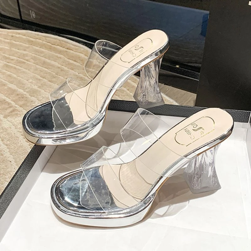 新款夏季时尚休闲银色圆头粗跟凉鞋女拖鞋韩版潮超高跟PVC材质橡