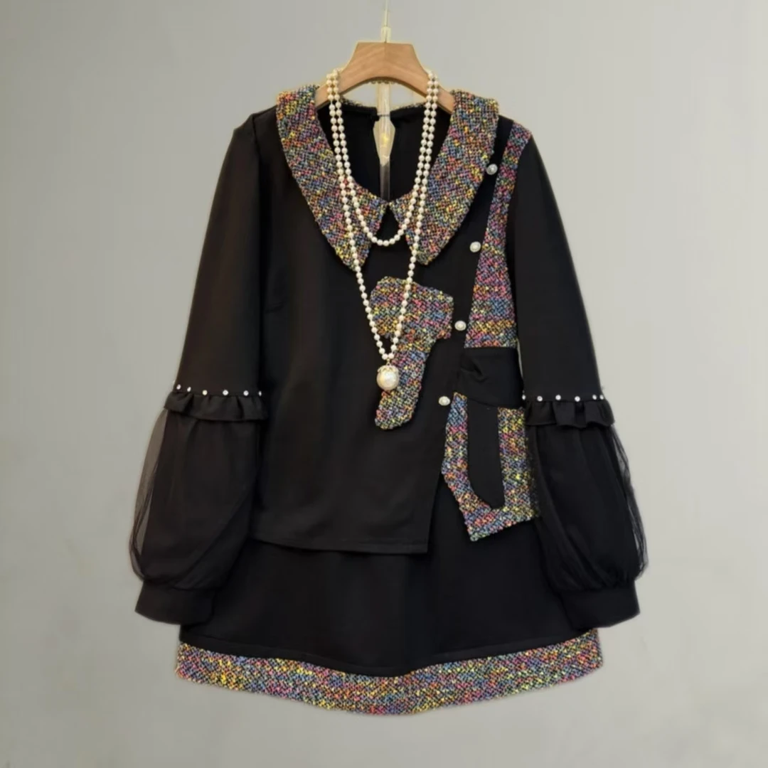 岚岚大码欧货复古高级2025轻奢设计感洋气胖mm上衣+短裙套装2541